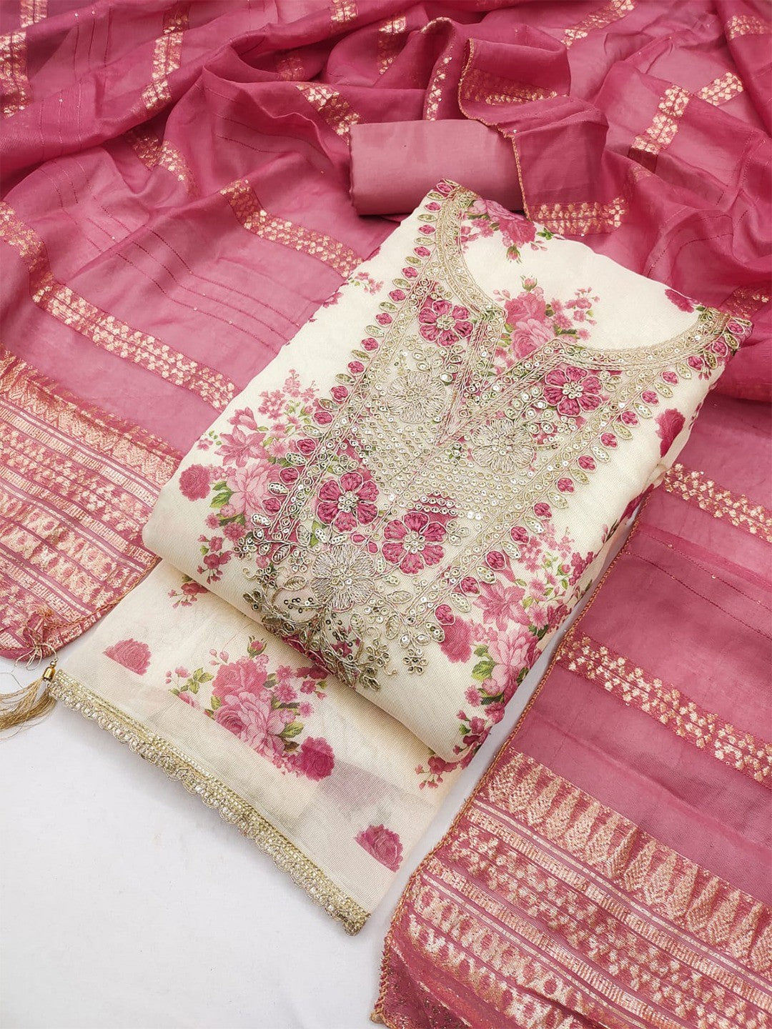 Classic Pink Floral Printed With Cording Embroidered Shimmer Dress Material - Image 5
