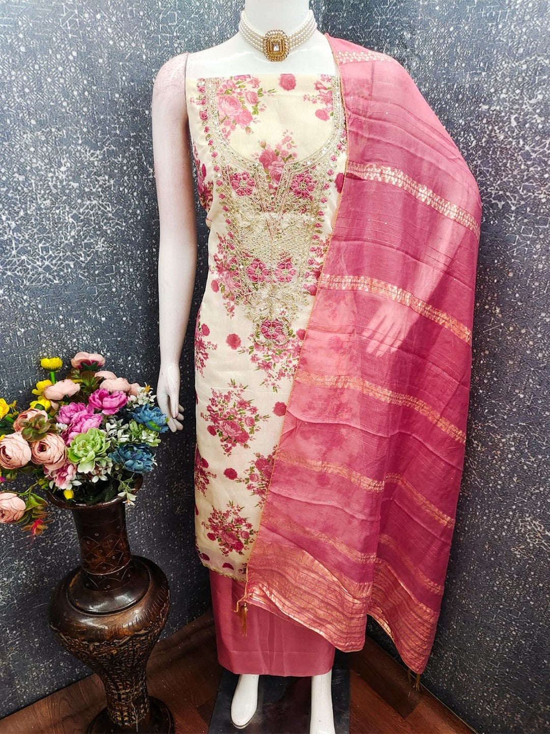 Classic Pink Floral Printed With Cording Embroidered Shimmer Dress Material - Image 3