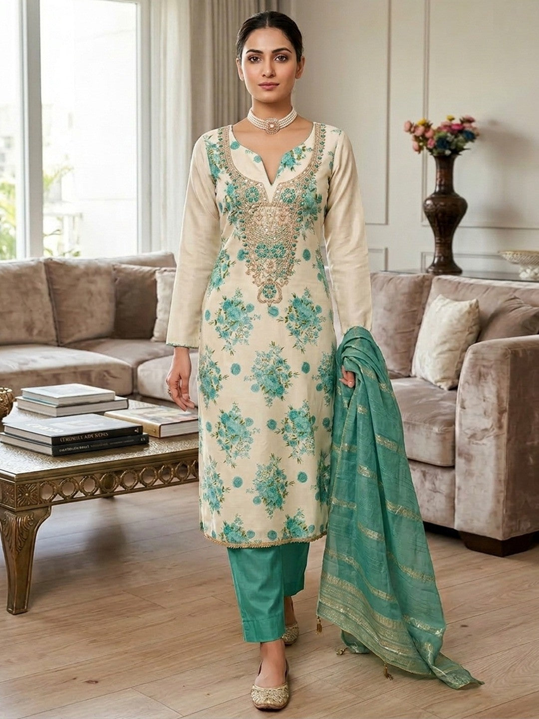 Classic Turquoise Floral Printed With Cording Embroidered Shimmer Dress Material - Image 5