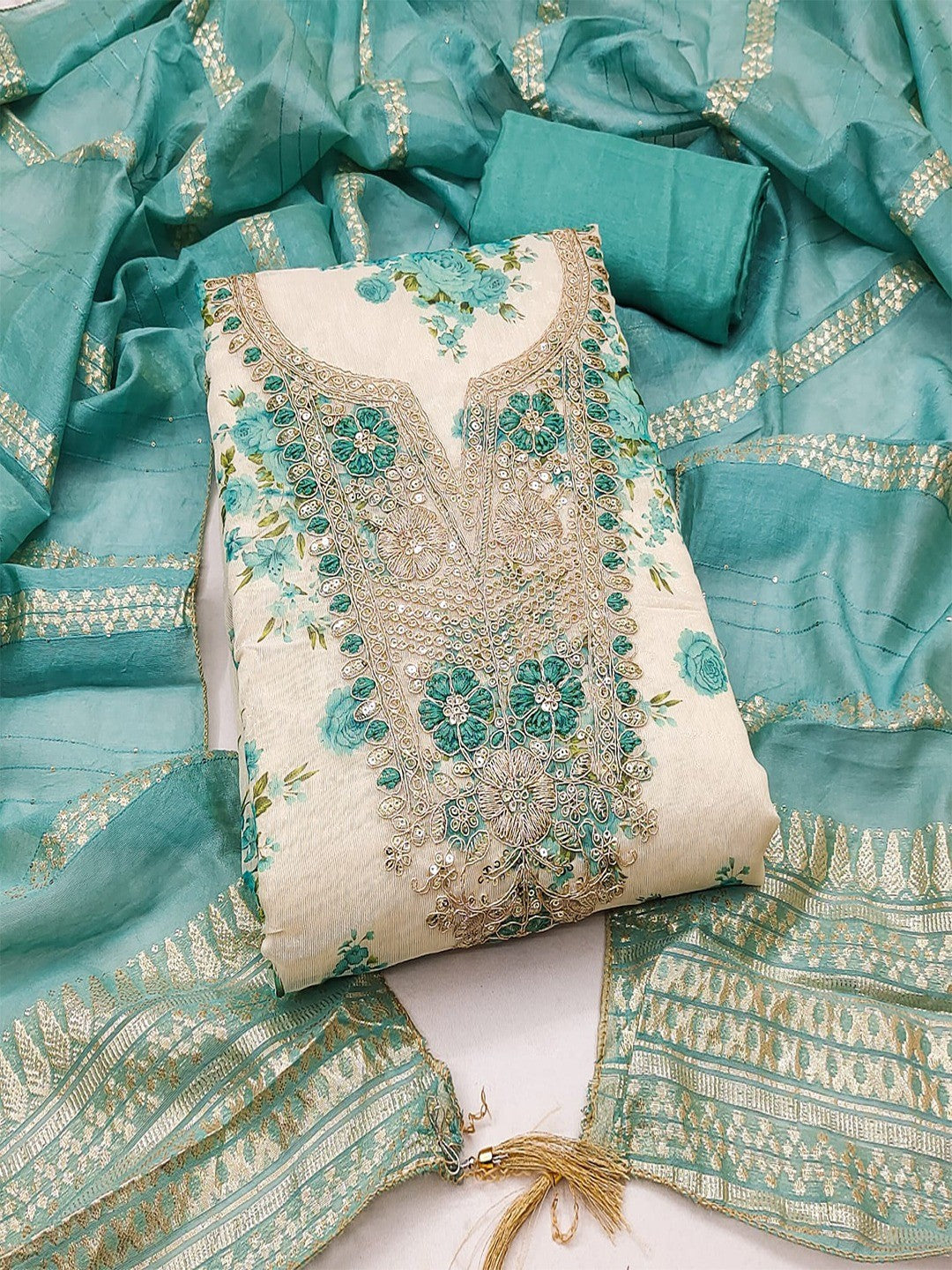Classic Turquoise Floral Printed With Cording Embroidered Shimmer Dress Material - Image 1