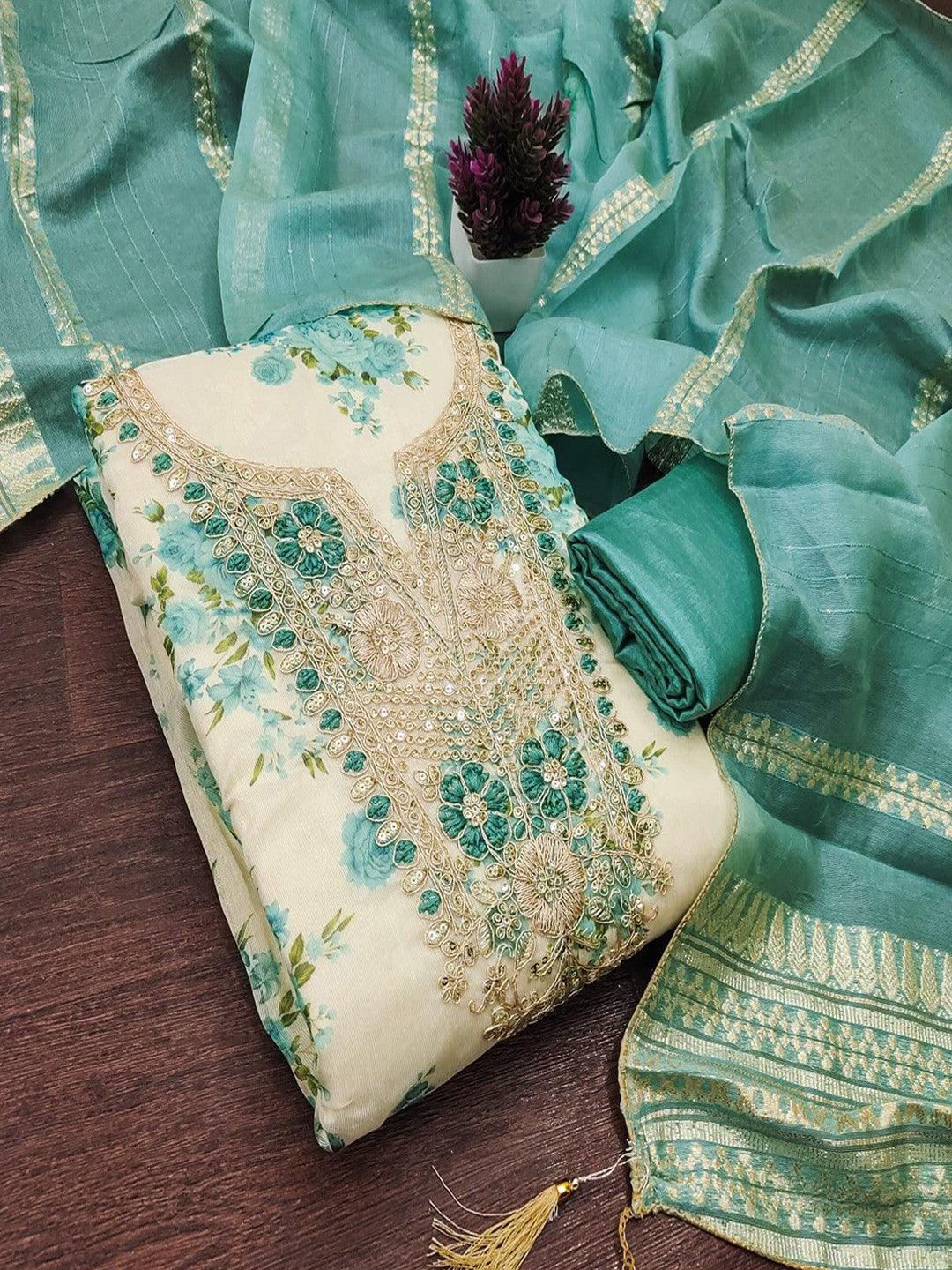 Classic Turquoise Floral Printed With Cording Embroidered Shimmer Dress Material - Image 3