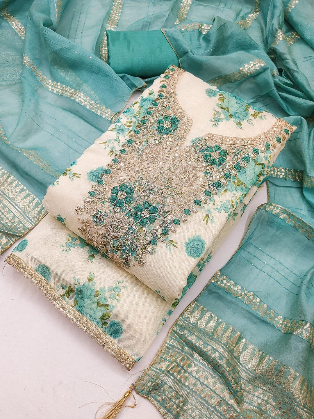 Classic Turquoise Floral Printed With Cording Embroidered Shimmer Dress Material - Image 6