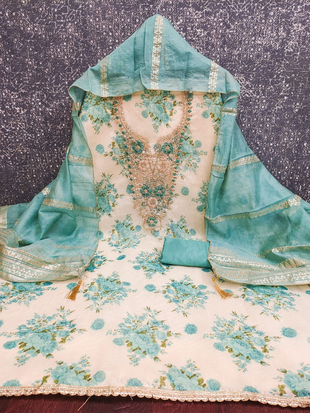 Classic Turquoise Floral Printed With Cording Embroidered Shimmer Dress Material - Image 4