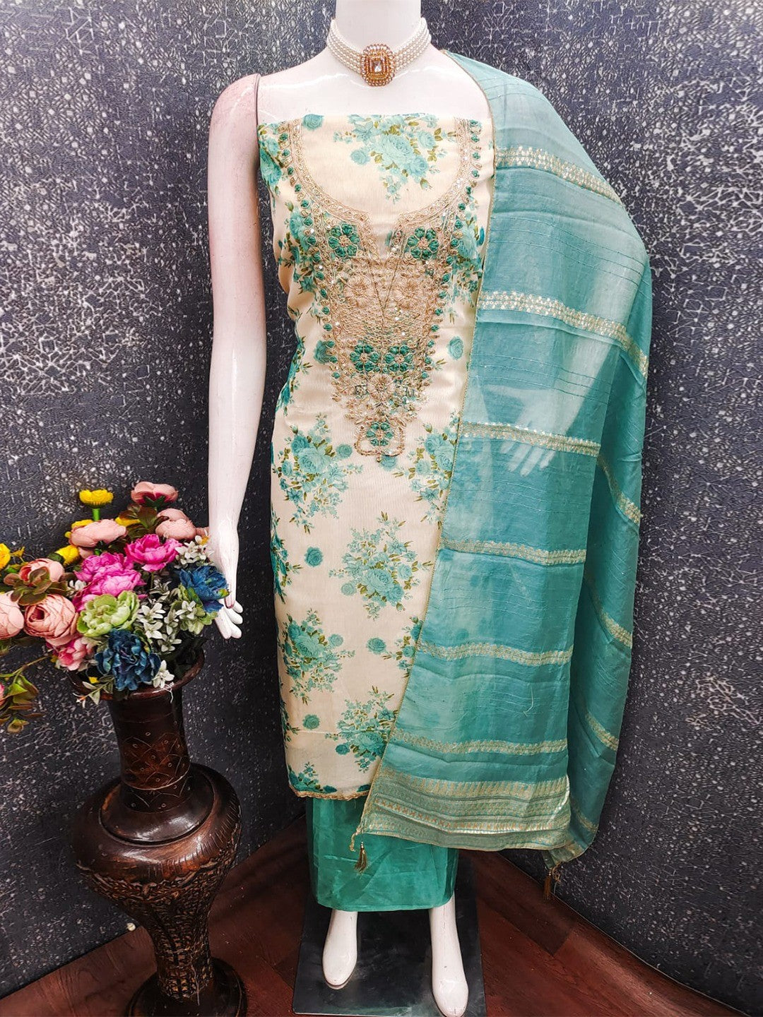 Classic Turquoise Floral Printed With Cording Embroidered Shimmer Dress Material - Image 7