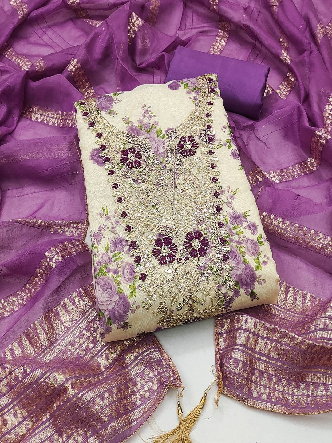 Classic Purple Floral Printed With Cording Embroidered Shimmer Dress Material - Image 1