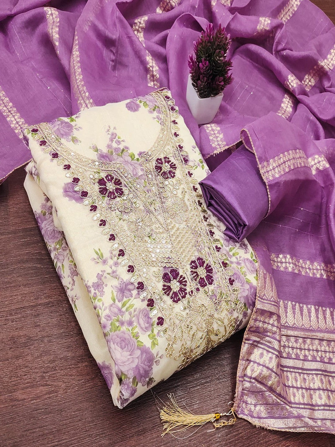 Classic Purple Floral Printed With Cording Embroidered Shimmer Dress Material - Image 6