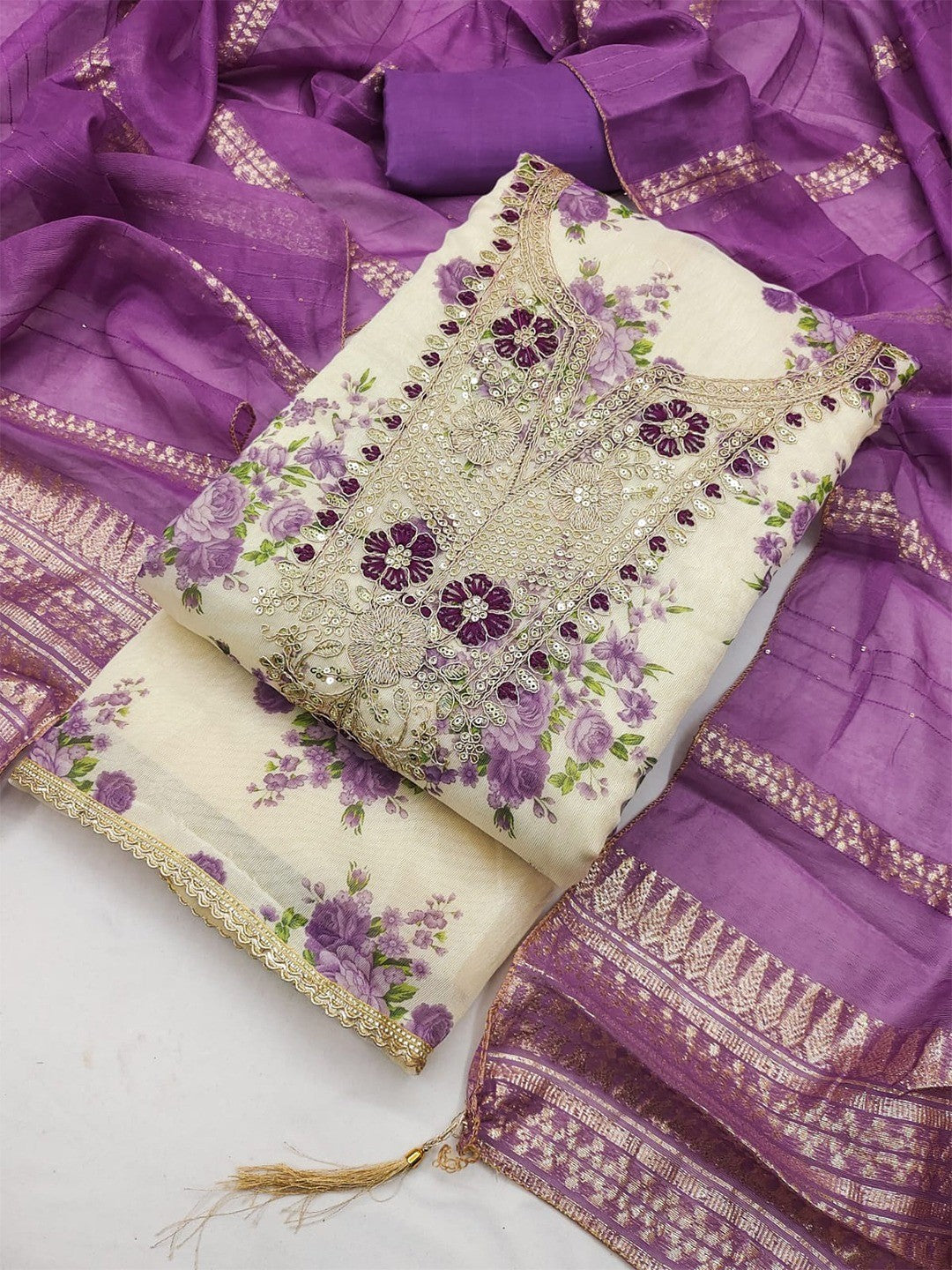Classic Purple Floral Printed With Cording Embroidered Shimmer Dress Material - Image 5