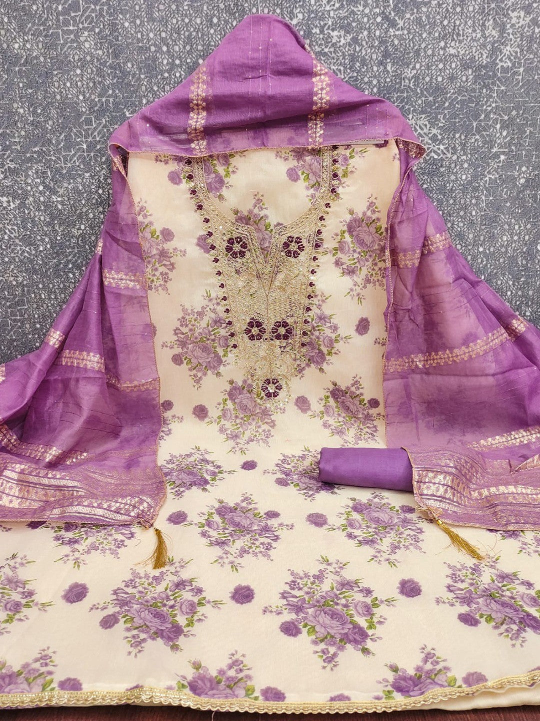 Classic Purple Floral Printed With Cording Embroidered Shimmer Dress Material - Image 4