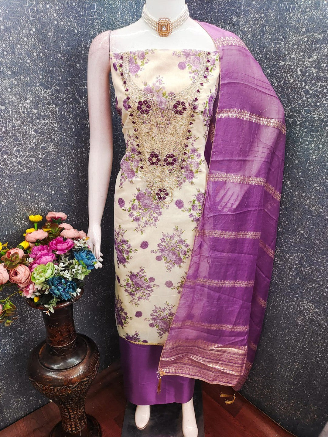Classic Purple Floral Printed With Cording Embroidered Shimmer Dress Material - Image 3
