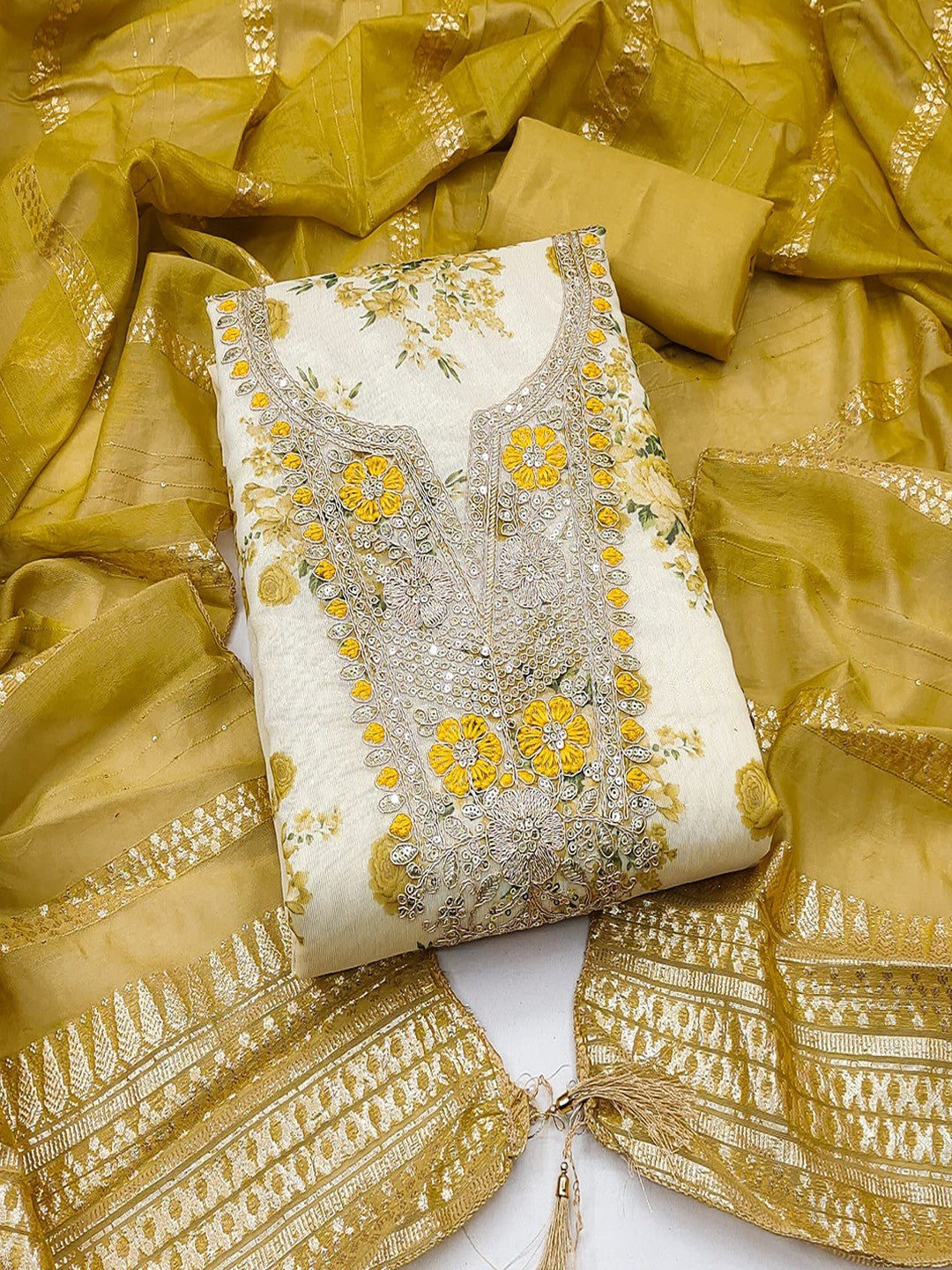 Classic Mustard Floral Printed With Cording Embroidered Shimmer Dress Material - Image 1