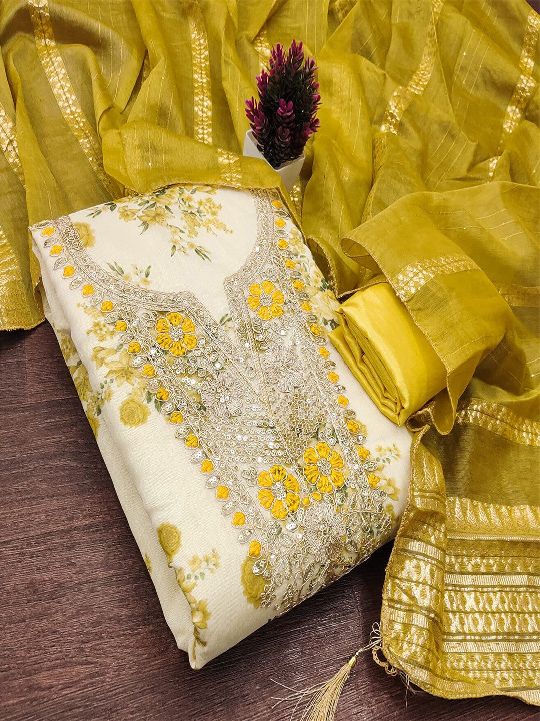 Classic Mustard Floral Printed With Cording Embroidered Shimmer Dress Material - Image 4