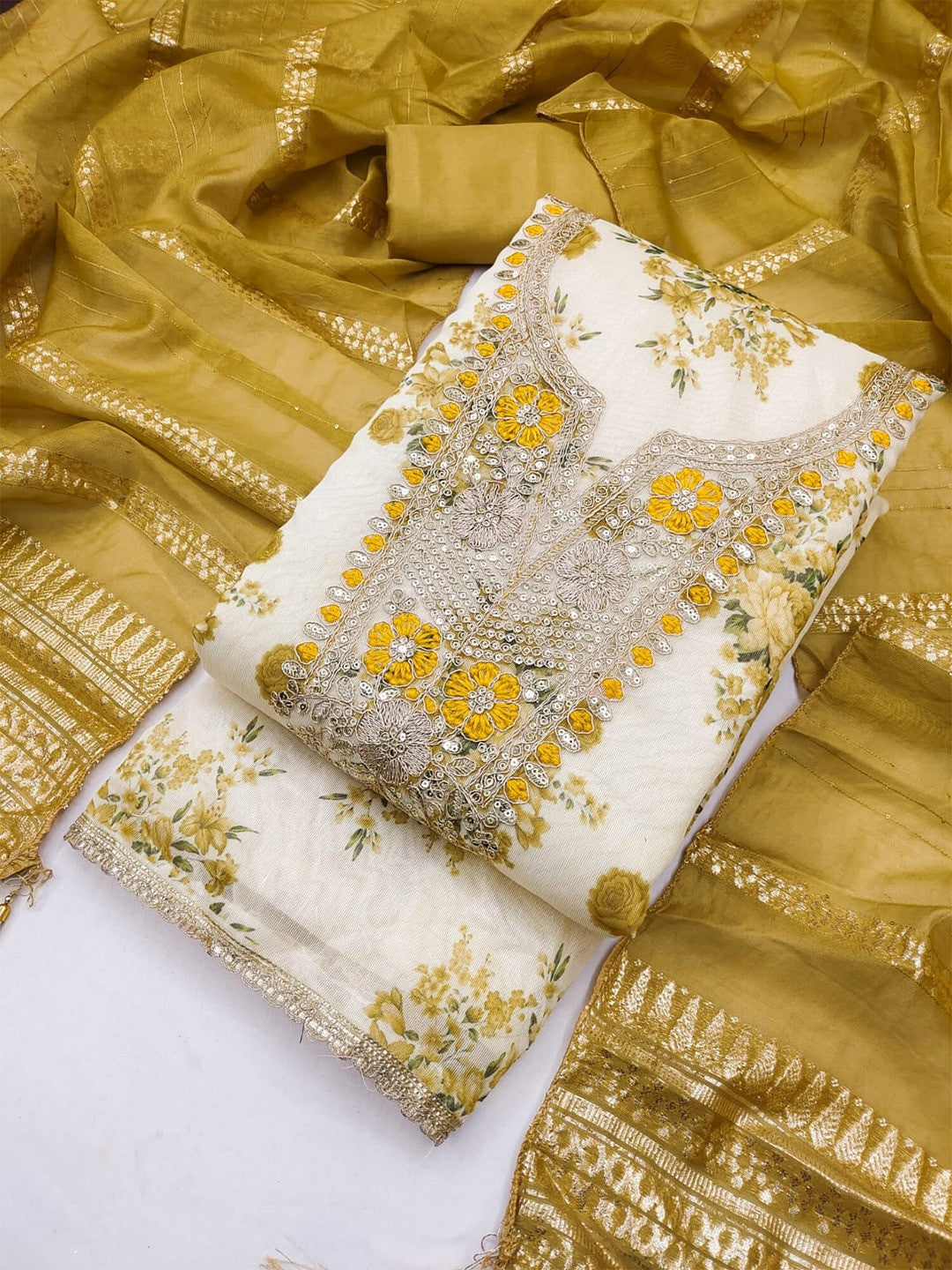 Classic Mustard Floral Printed With Cording Embroidered Shimmer Dress Material - Image 3