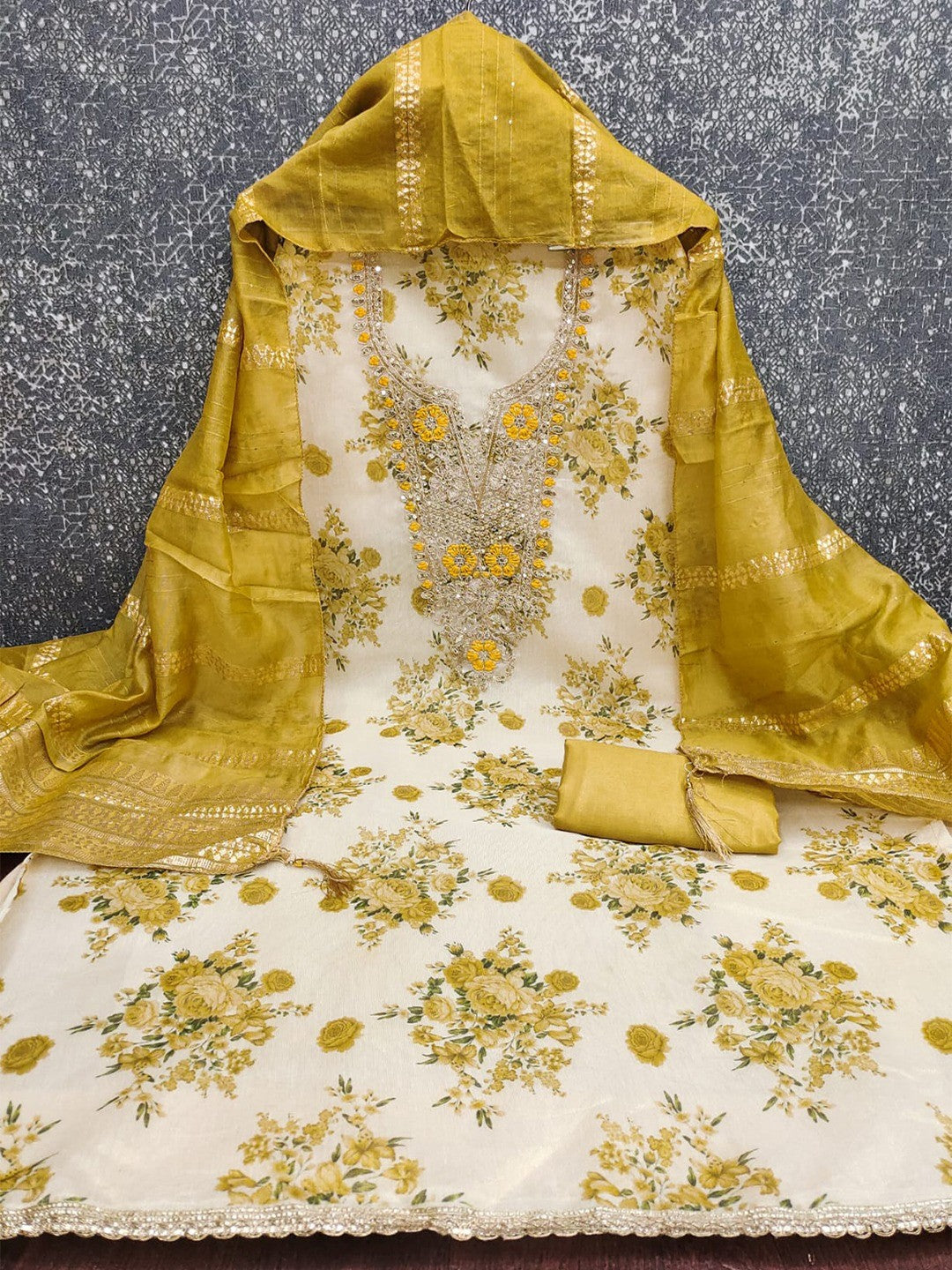 Classic Mustard Floral Printed With Cording Embroidered Shimmer Dress Material - Image 5