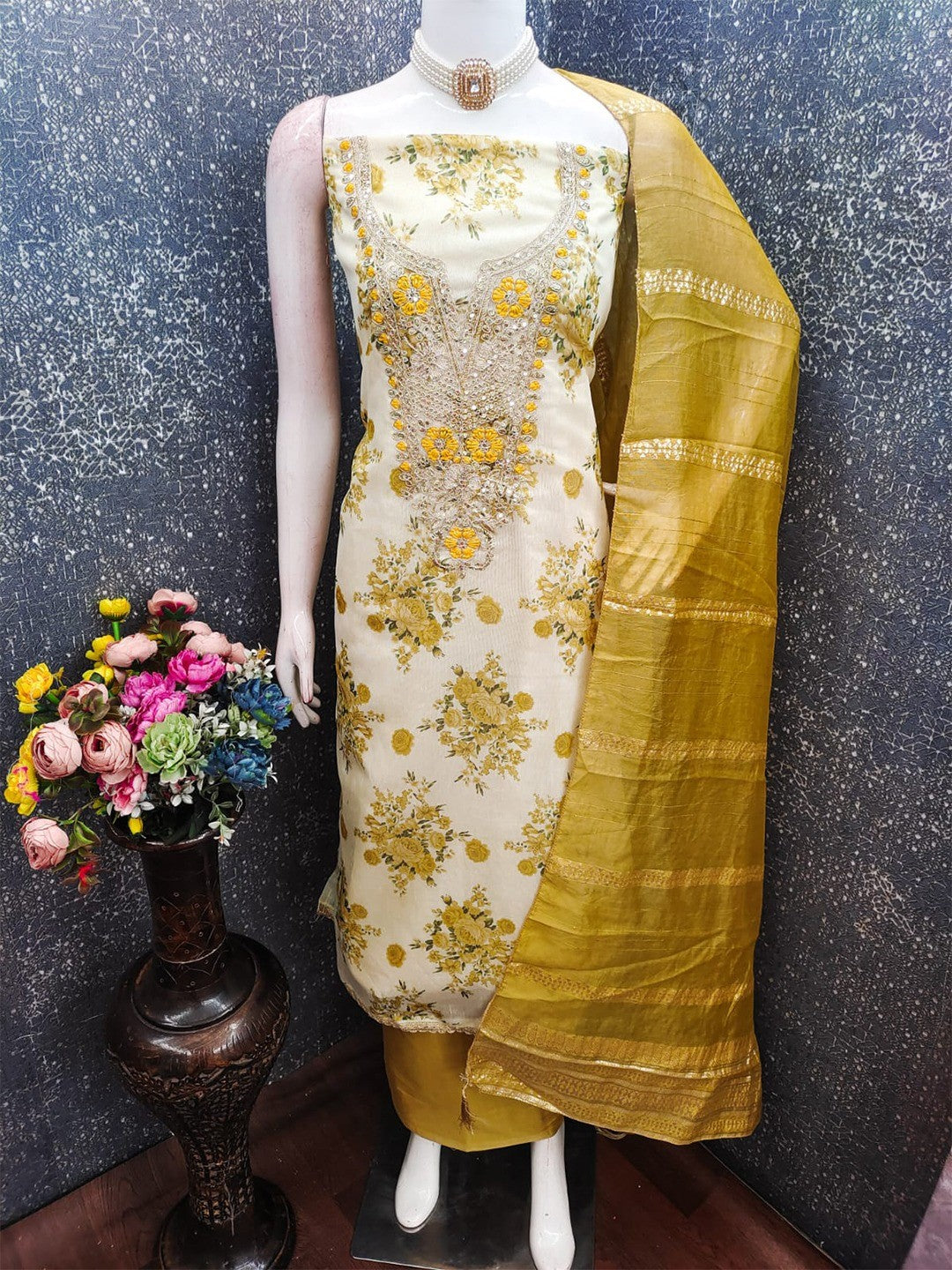 Classic Mustard Floral Printed With Cording Embroidered Shimmer Dress Material - Image 6