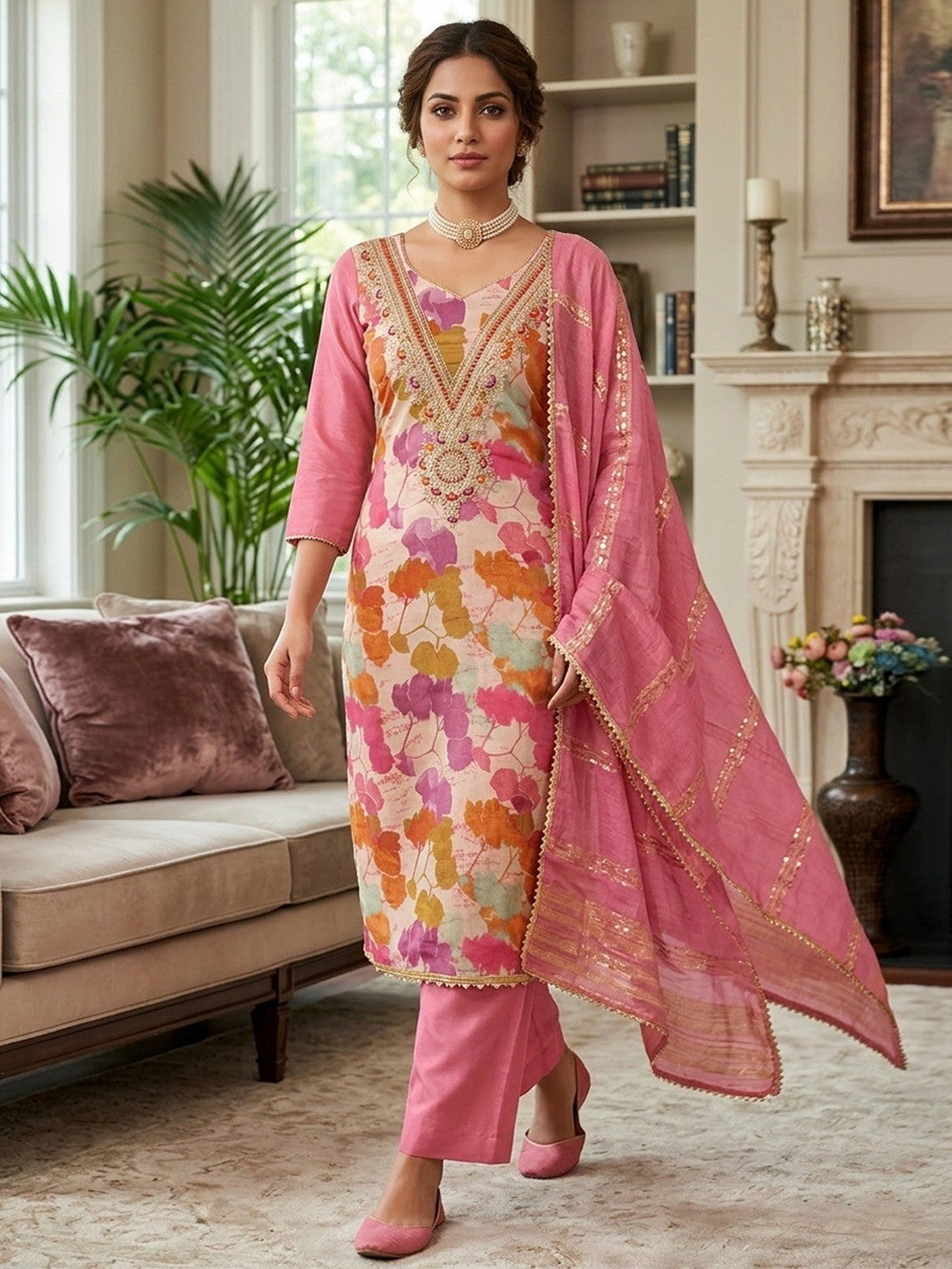 Designer Pink Floral Print With Cording Sequins Embroidered Silk Blend Dress Material - Image 2
