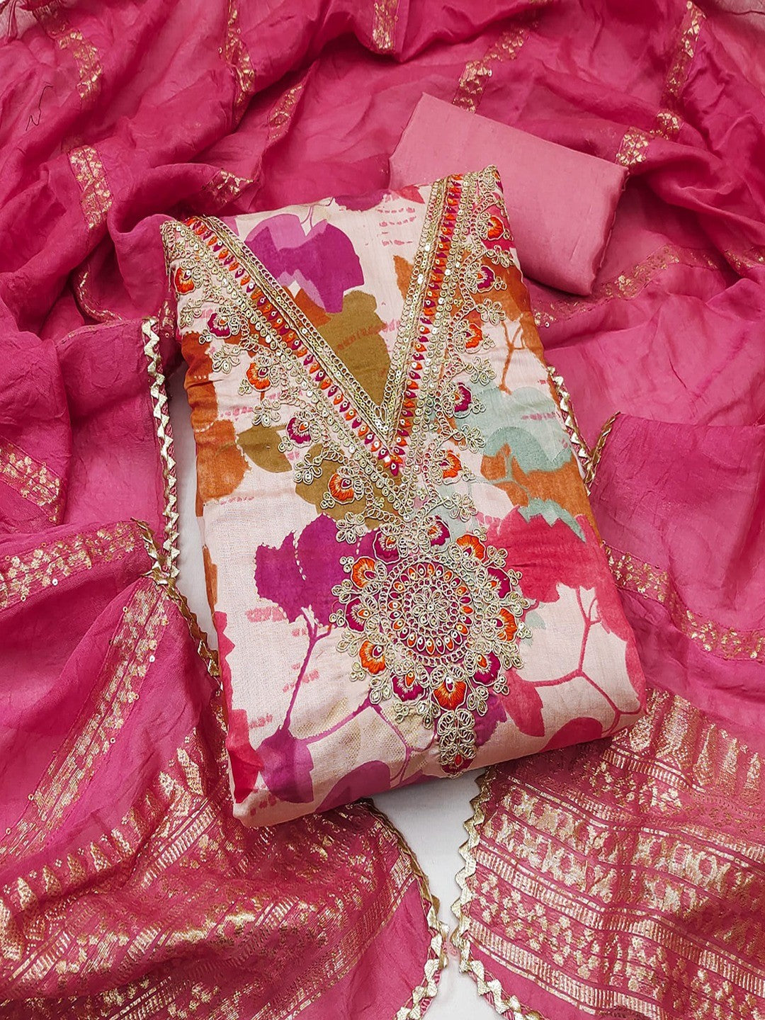 Designer Pink Floral Print With Cording Sequins Embroidered Silk Blend Dress Material - Image 3