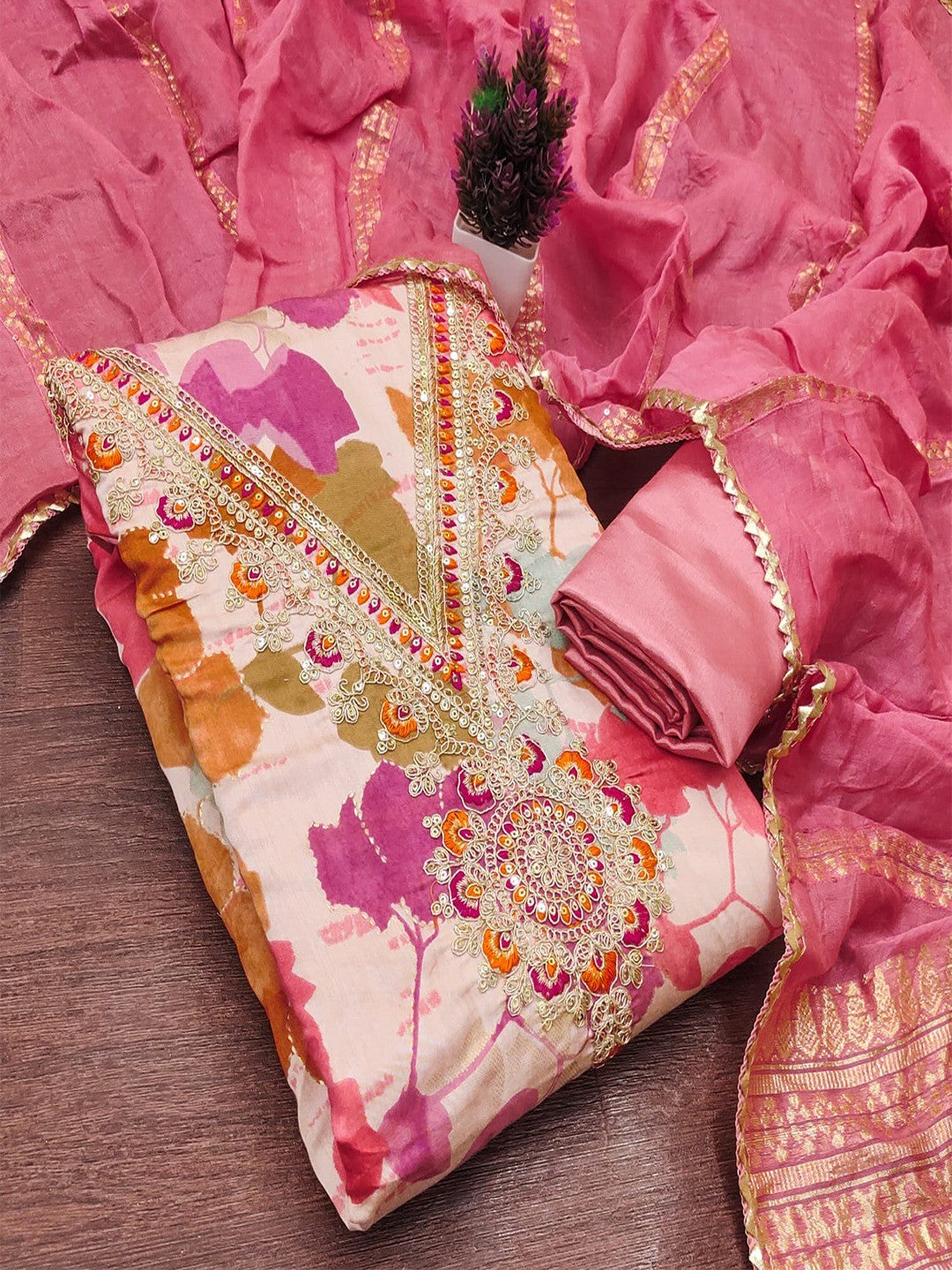 Designer Pink Floral Print With Cording Sequins Embroidered Silk Blend Dress Material - Image 5