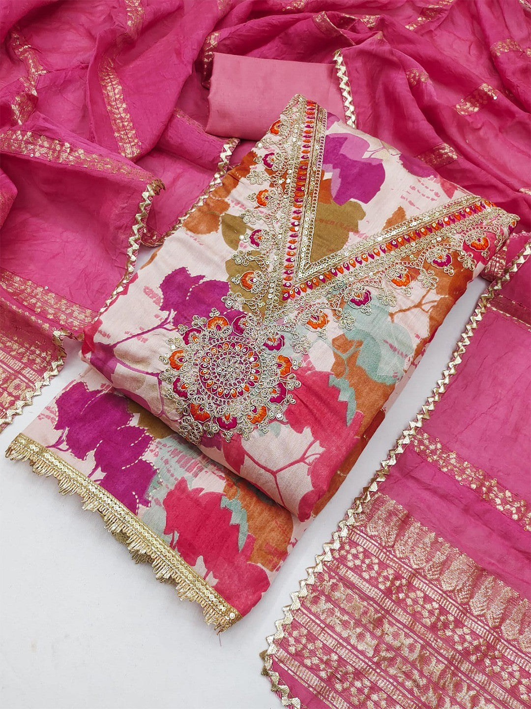 Designer Pink Floral Print With Cording Sequins Embroidered Silk Blend Dress Material - Image 4