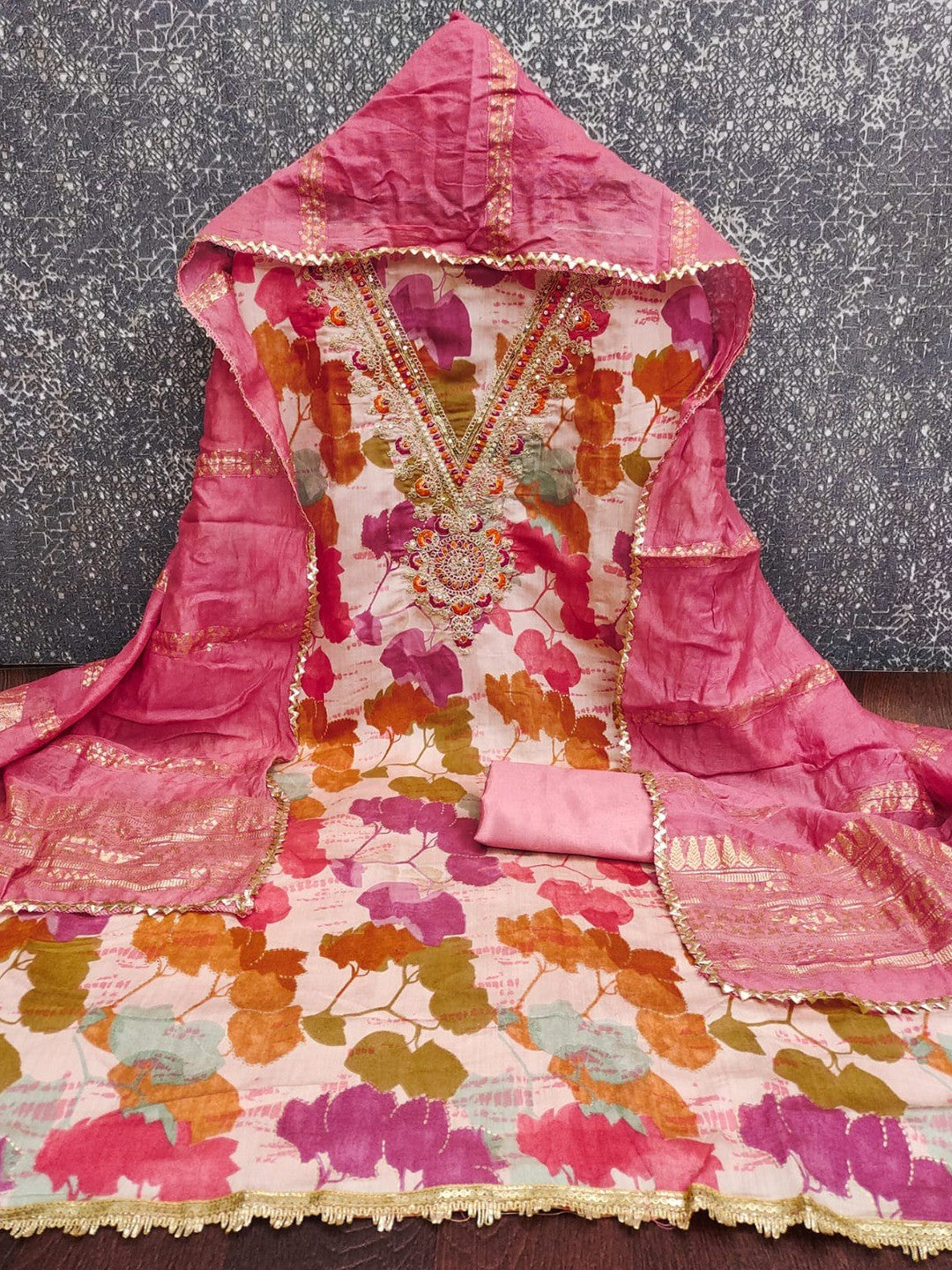 Designer Pink Floral Print With Cording Sequins Embroidered Silk Blend Dress Material - Image 6