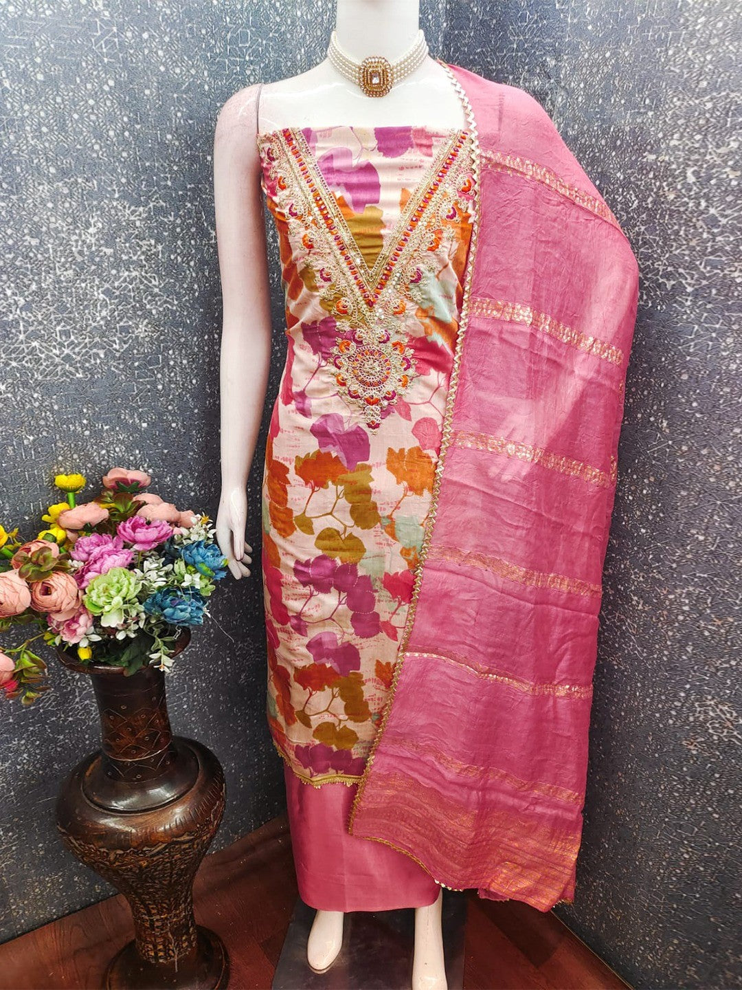 Designer Pink Floral Print With Cording Sequins Embroidered Silk Blend Dress Material - Image 5