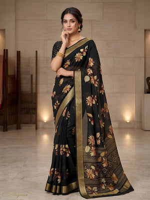 Elegant Black Floral Print Georgette Silk Saree with Zari Border - Image 1