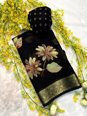Elegant Black Floral Print Georgette Silk Saree with Zari Border - Image 2