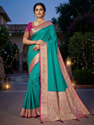 Turquoise Pure Silk Saree with Detailed Woven Border and Ready to Wear Stitched Blouse - Image 1