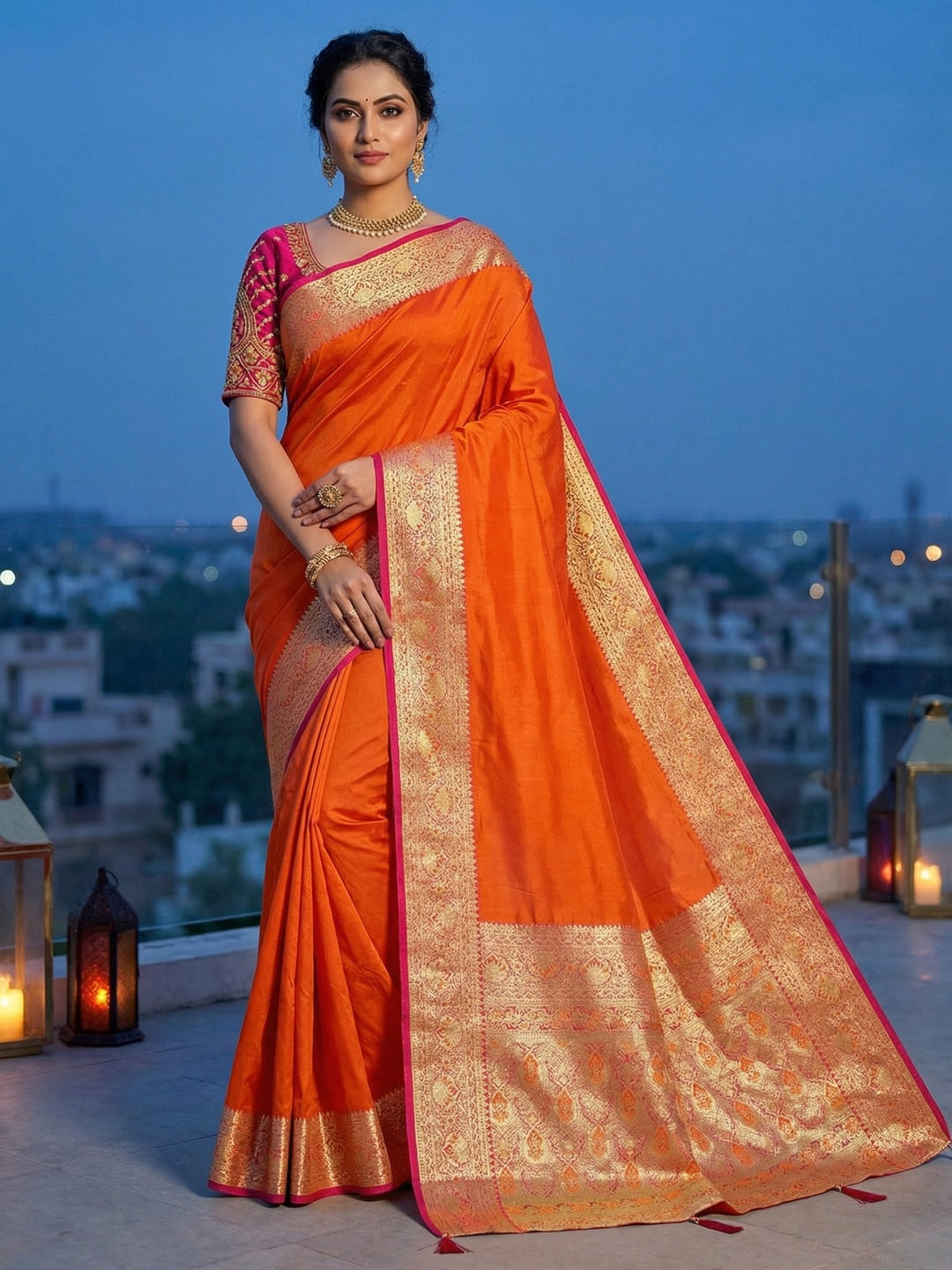 Orange Pure Silk Saree with Detailed Woven Border and Ready to Wear Stitched Blouse - Image 1