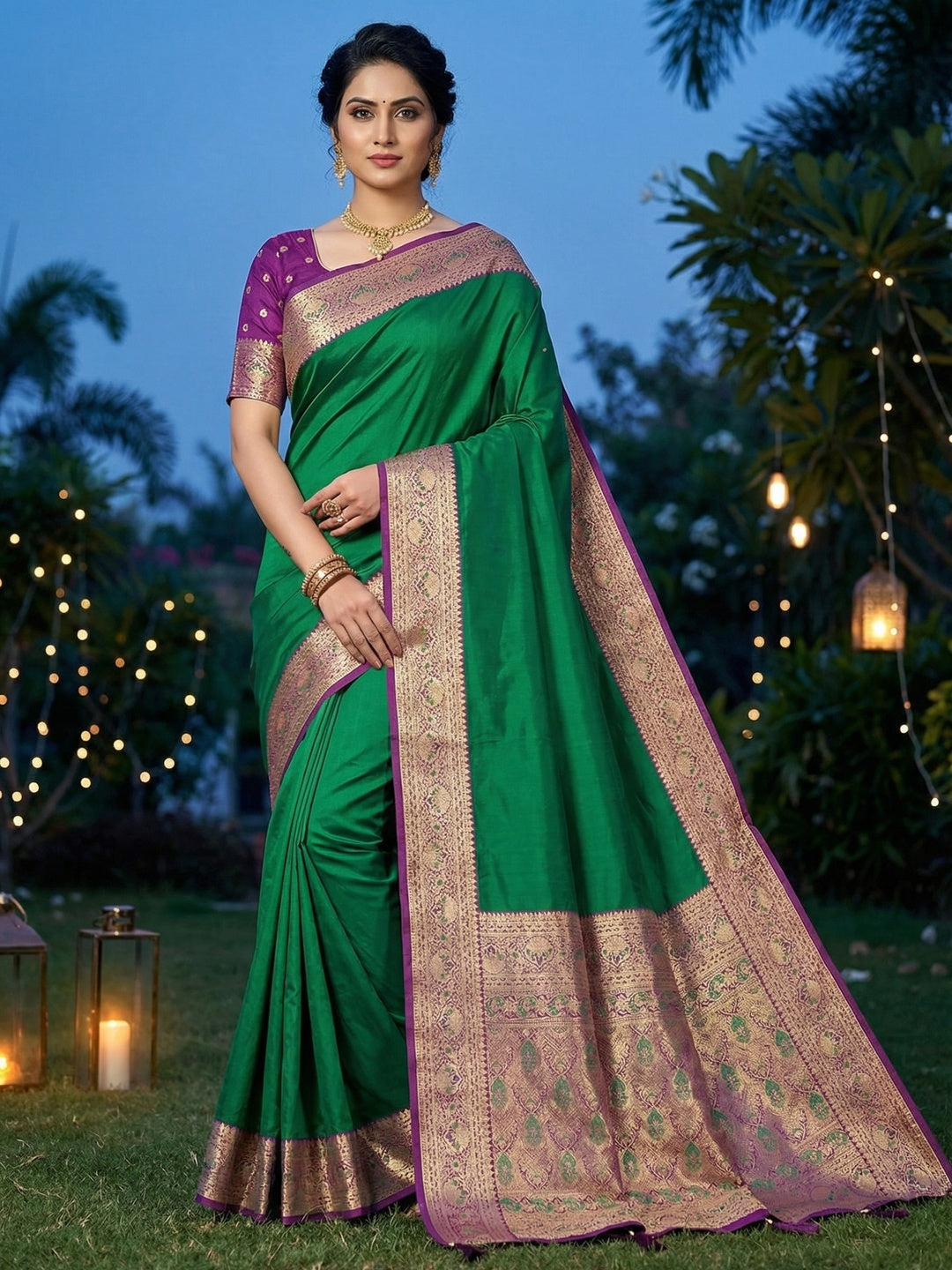 Green Pure Silk Saree with Detailed Woven Border and Ready to Wear Stitched Blouse - Image 1