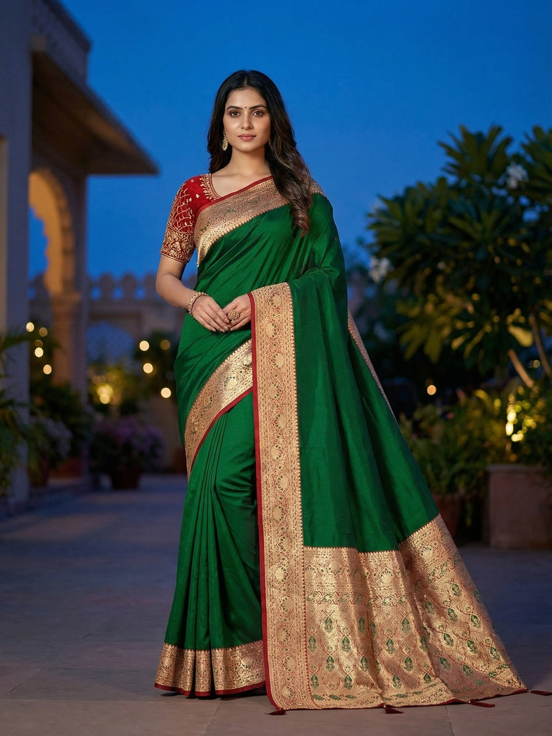 Green Pure Silk Saree with Detailed Woven Border and Ready to Wear Stitched Blouse - Image 1