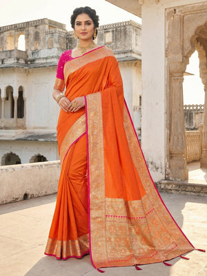 Orange Pure Silk Saree with Elegant Woven Border and Ready Stitched Blouse Piece - Image 1