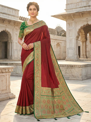Maroon Pure Silk Saree with Elegant Woven Border and Ready Stitched Blouse Piece - Image 1