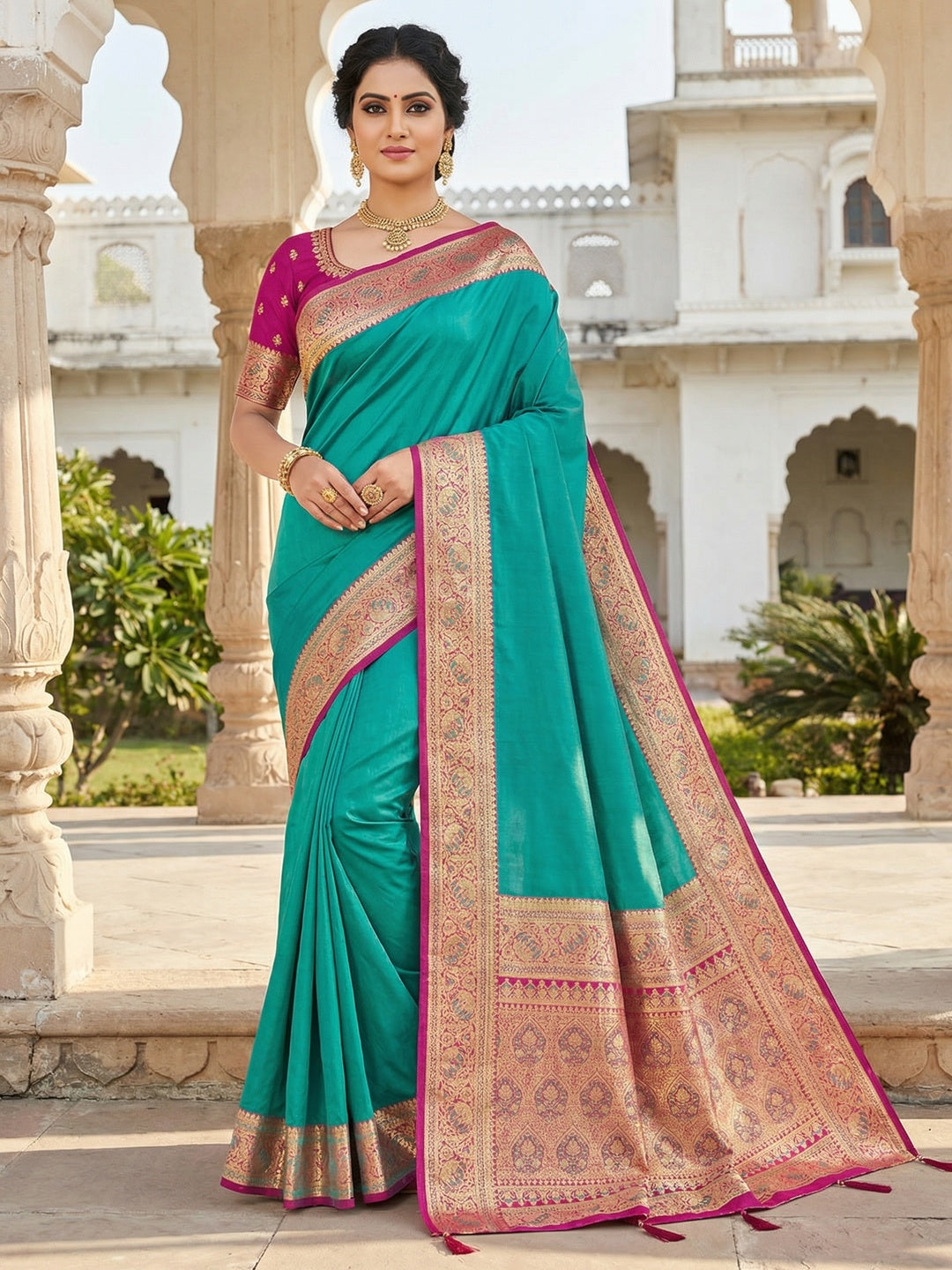 Turquoise Pure Silk Saree with Elegant Woven Border and Ready Stitched Blouse Piece - Image 1