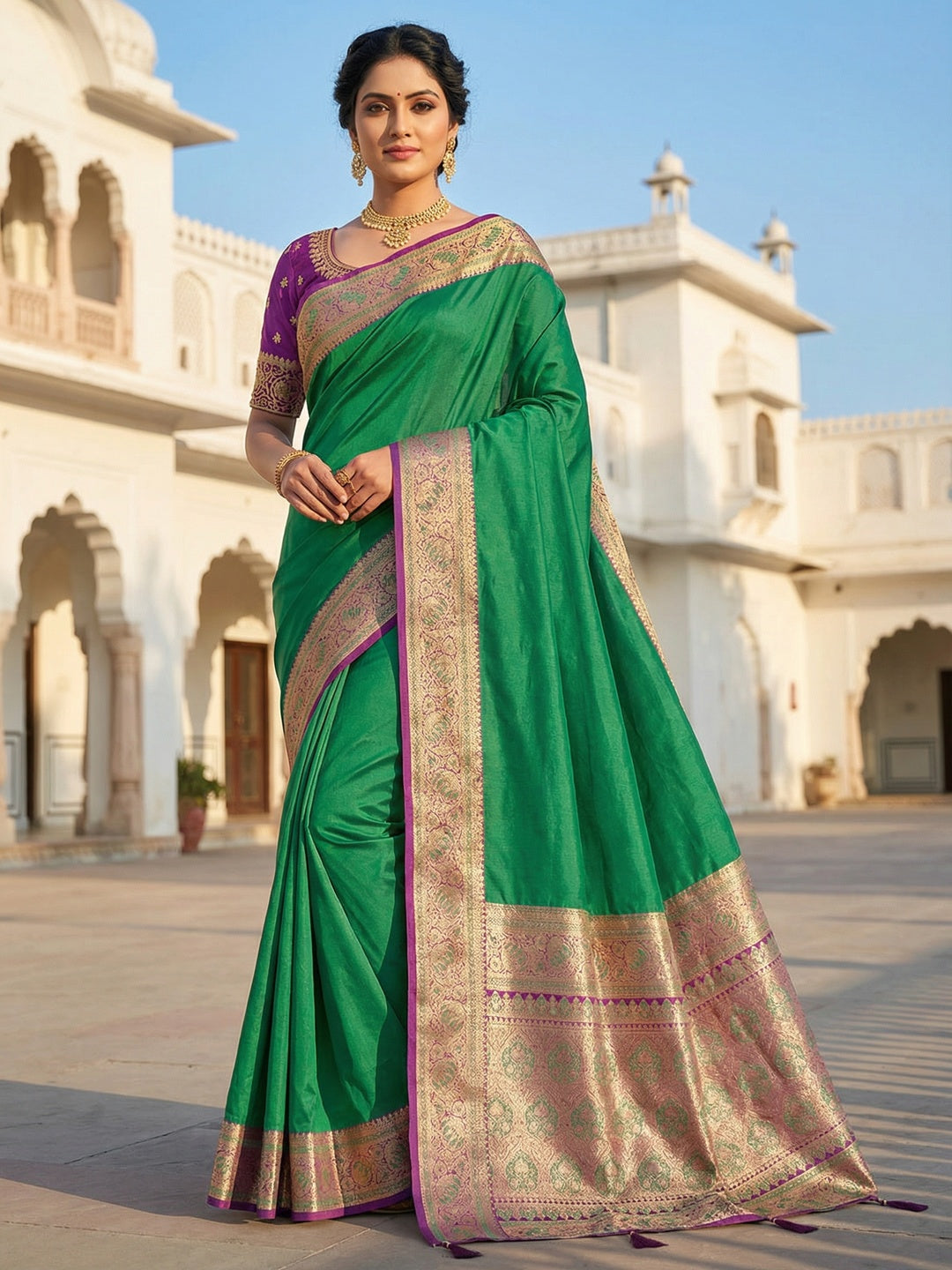 Green Pure Silk Saree with Elegant Woven Border and Ready Stitched Blouse Piece - Image 1