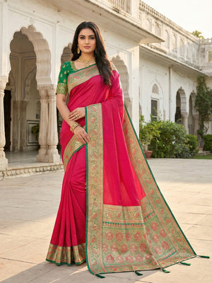 Pink Pure Silk Saree with Elegant Woven Border and Ready Stitched Blouse Piece - Image 2
