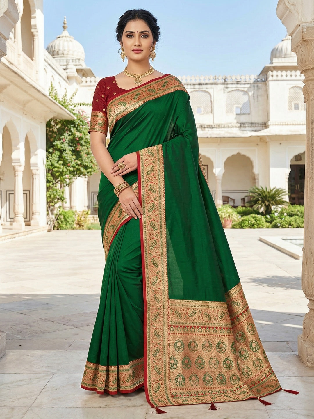 Dark Green Pure Silk Saree with Elegant Woven Border and Ready Stitched Blouse Piece - Image 1