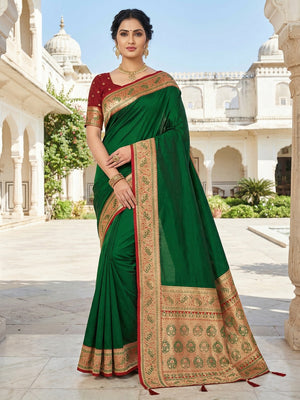 Dark Green Pure Silk Saree with Elegant Woven Border and Ready Stitched Blouse Piece - Image 1