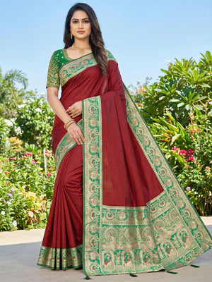 Maroon Pure Silk Saree with Detailed Woven Border and Stitched Blouse for Elegant Styling - Image 1