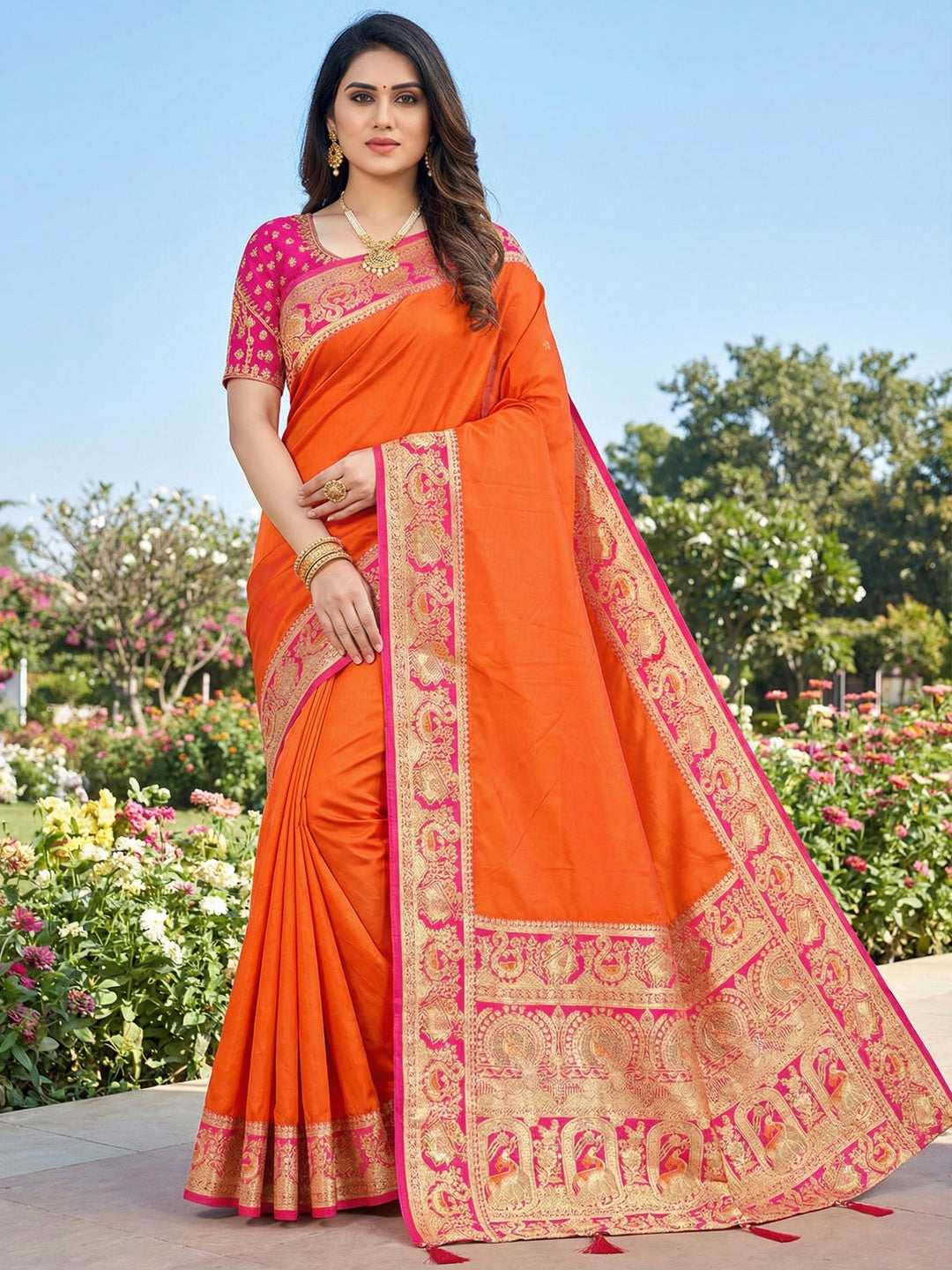 Orange Pure Silk Saree with Detailed Woven Border and Stitched Blouse for Elegant Styling - Image 1