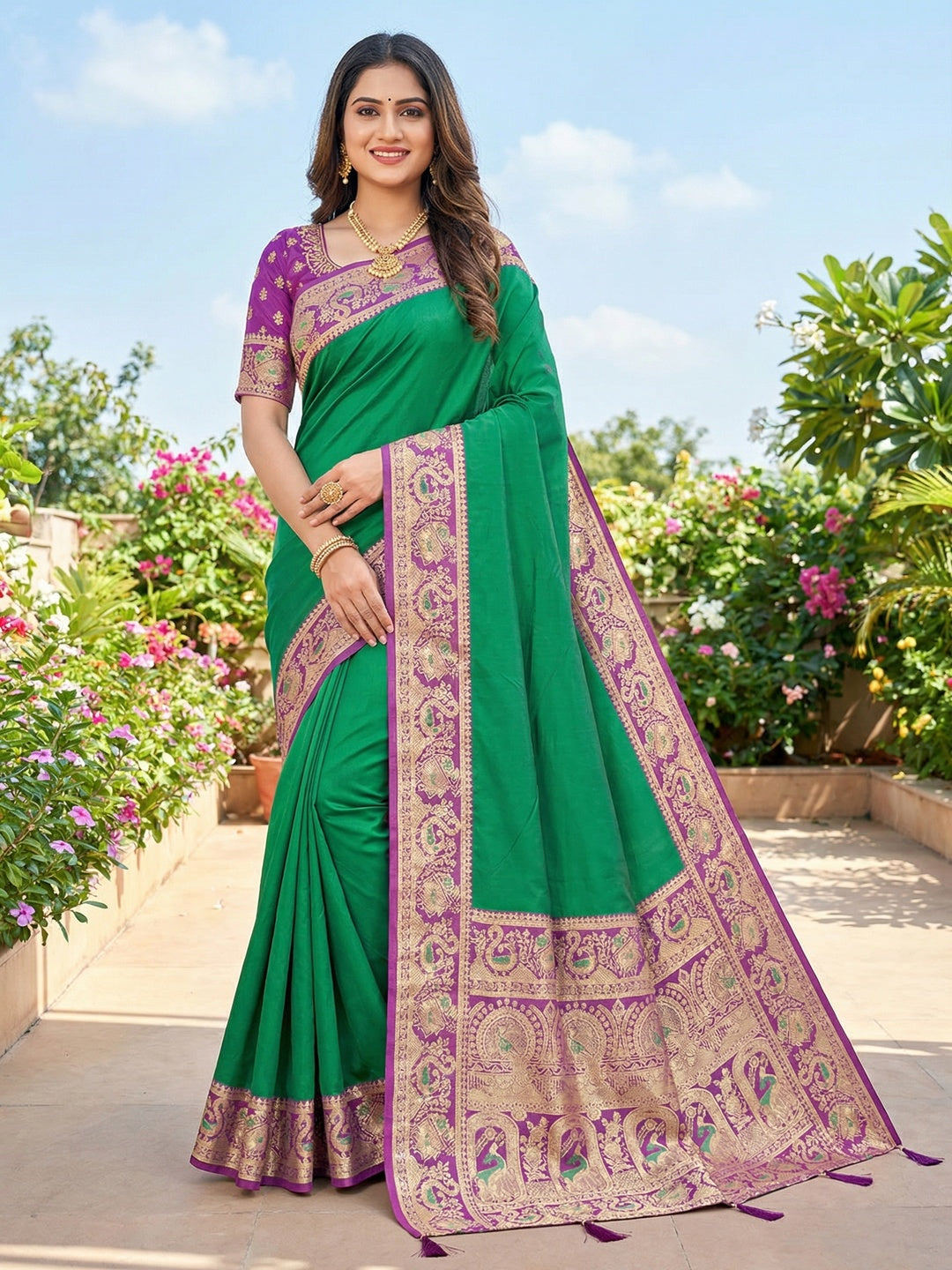 Green Pure Silk Saree with Detailed Woven Border and Stitched Blouse for Elegant Styling - Image 1
