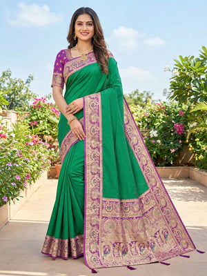 Green Pure Silk Saree with Detailed Woven Border and Stitched Blouse for Elegant Styling - Image 1