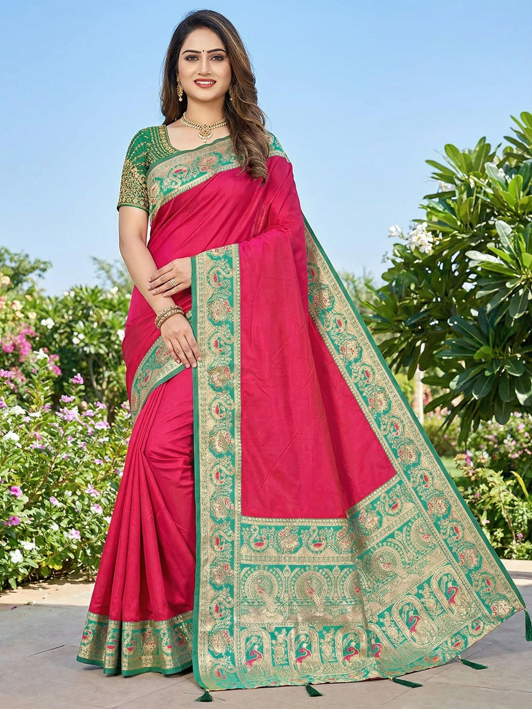 Pink Pure Silk Saree with Detailed Woven Border and Stitched Blouse for Elegant Styling - Image 2