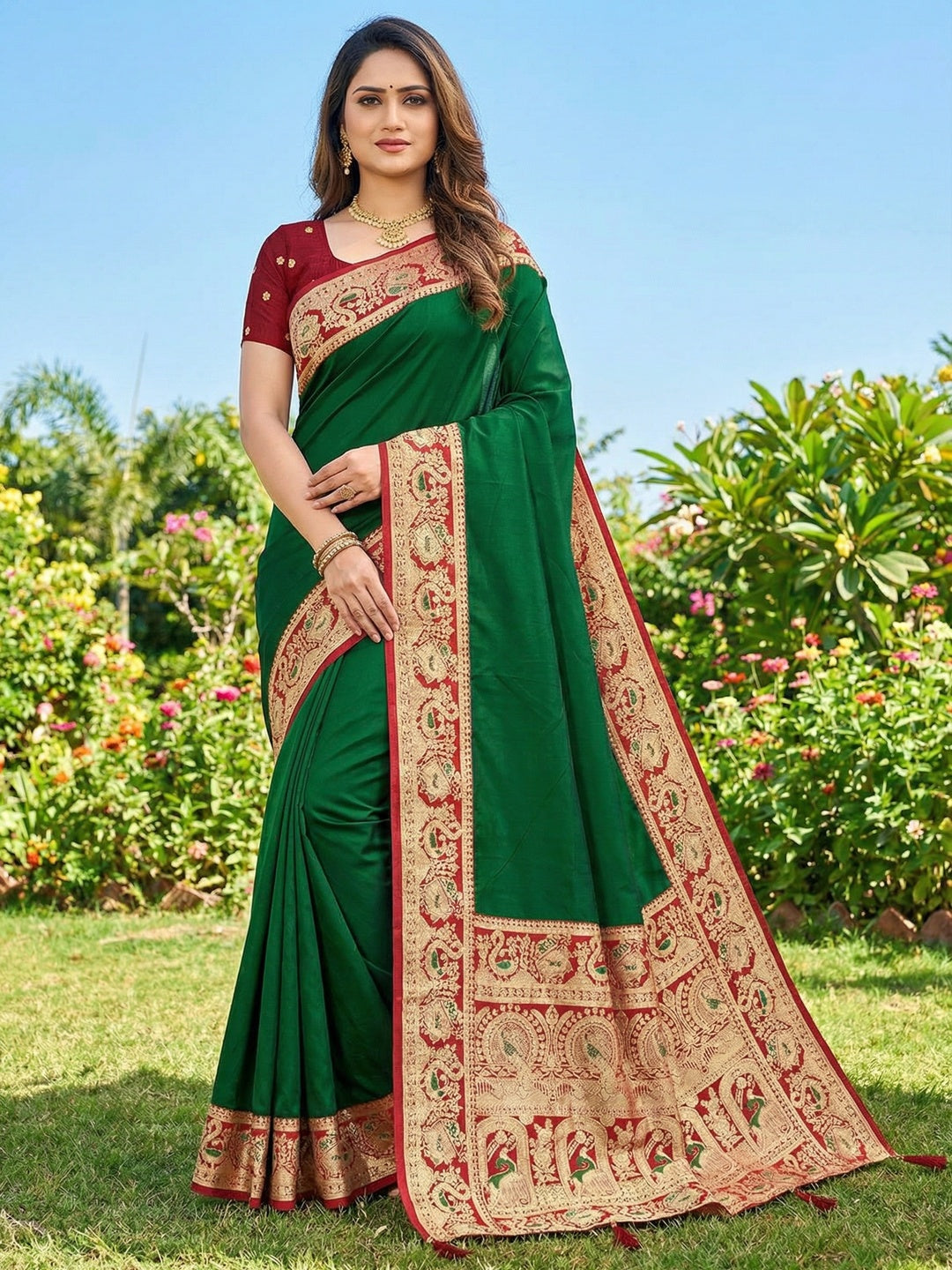 Dark Green Pure Silk Saree with Detailed Woven Border and Stitched Blouse for Elegant Styling - Image 1