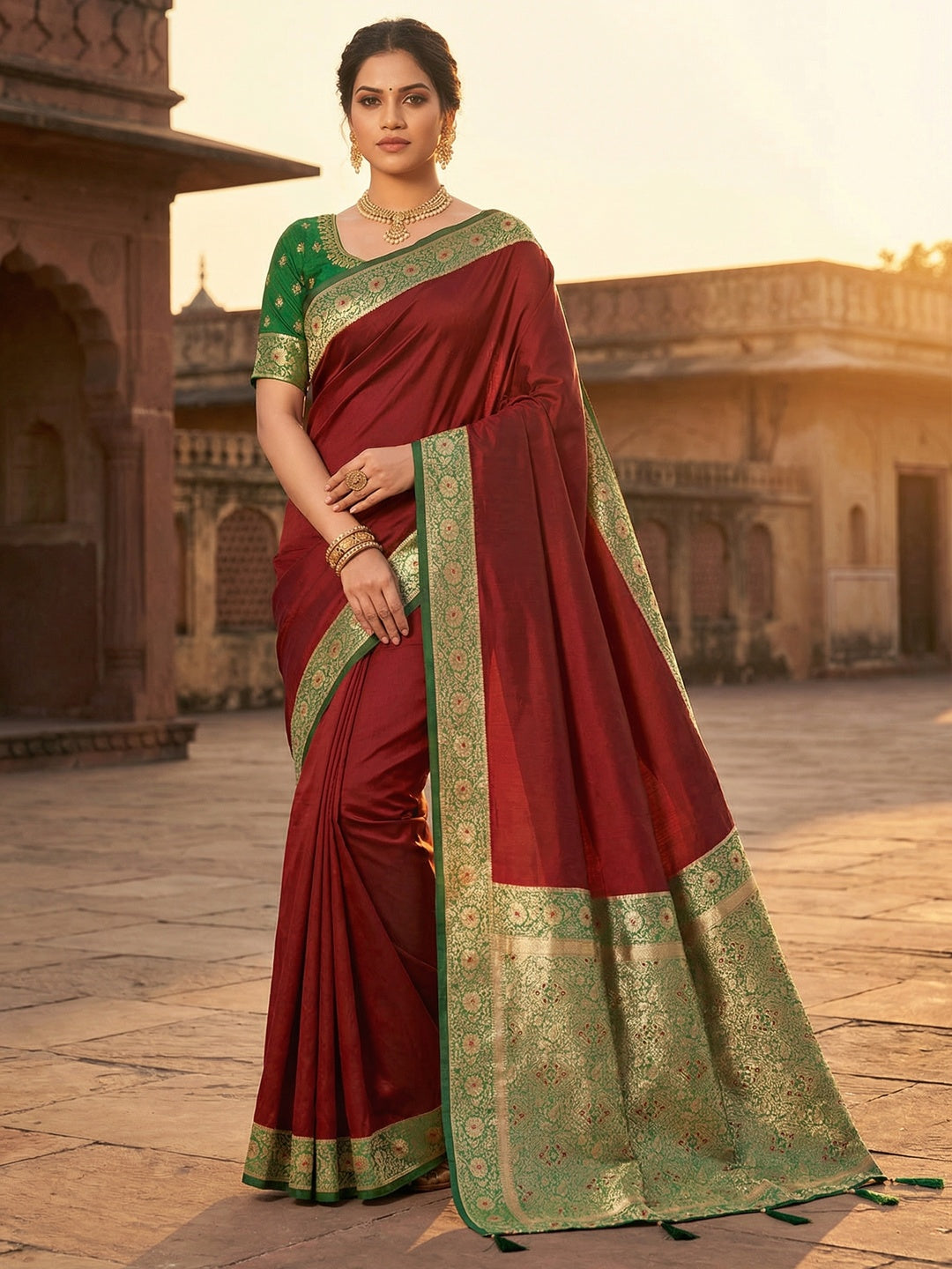 Ethnic Maroon Pure Silk Saree with Intricate Border Weaving and Stitched Blouse for Festive Occasions - Image 1