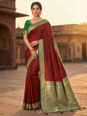 Ethnic Maroon Pure Silk Saree with Intricate Border Weaving and Stitched Blouse for Festive Occasions - Image 1