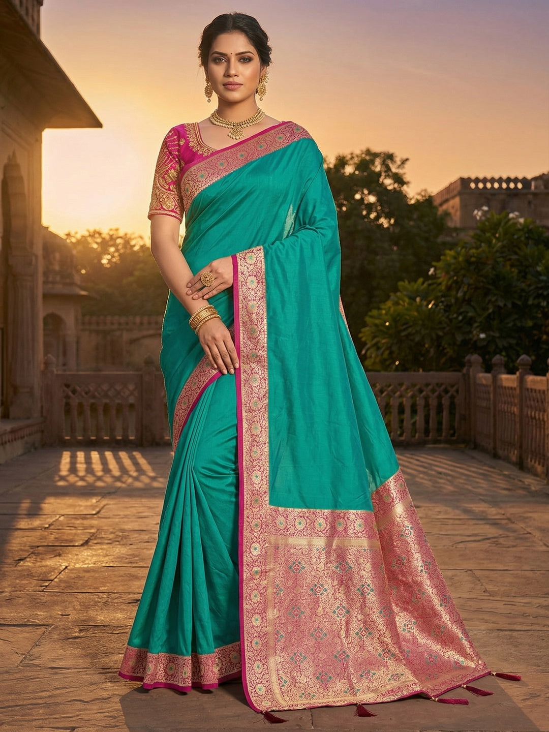 Ethnic Turquoise Pure Silk Saree with Intricate Border Weaving and Stitched Blouse for Festive Occasions - Image 1