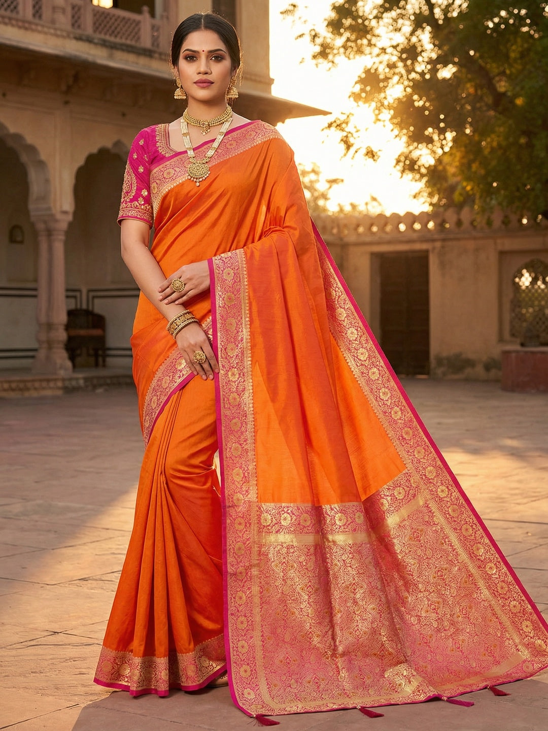 Ethnic Orange Pure Silk Saree with Intricate Border Weaving and Stitched Blouse for Festive Occasions - Image 1