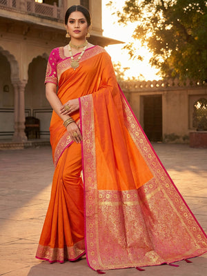 Ethnic Orange Pure Silk Saree with Intricate Border Weaving and Stitched Blouse for Festive Occasions - Image 1