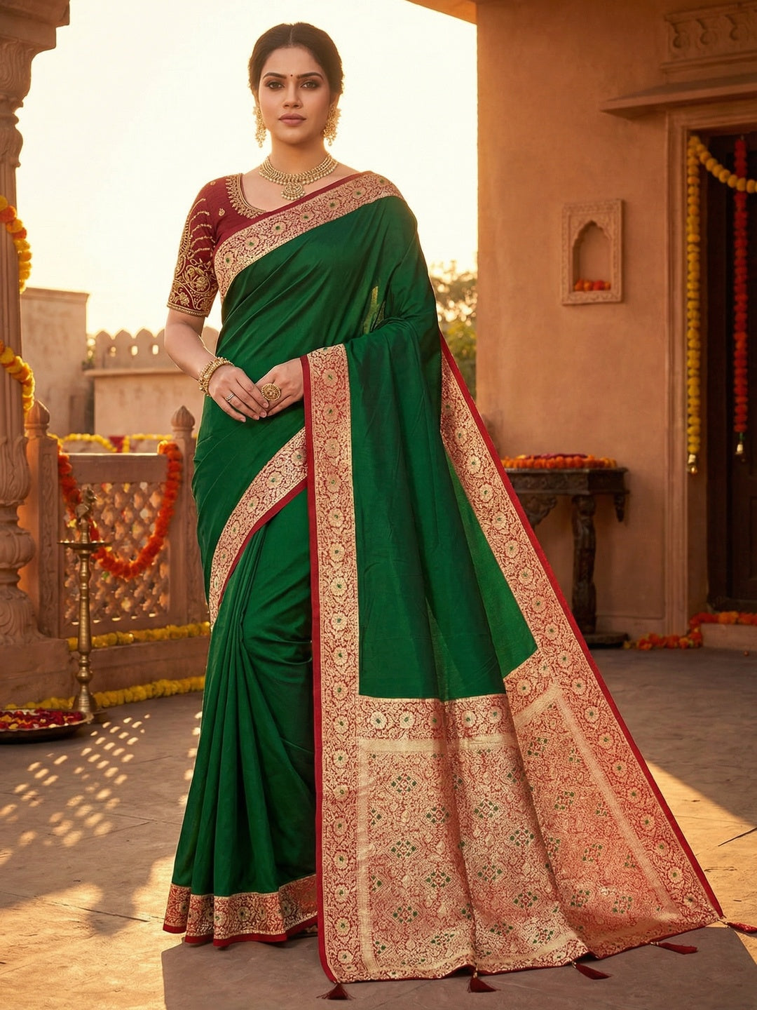 Ethnic Dark Green Pure Silk Saree with Intricate Border Weaving and Stitched Blouse for Festive Occasions - Image 1