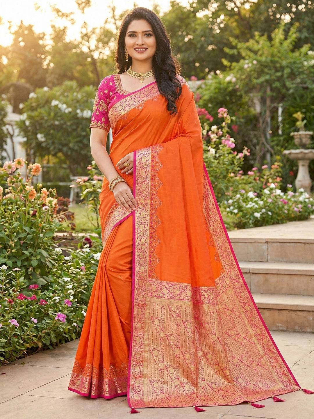 Orange Pure Silk Saree with Intricate Woven Border and Comfortable Stitched Blouse Included - Image 1